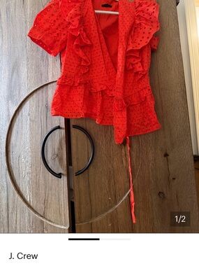 J. Crew Bright Red Eyelet Ruffle Wrap Blouse